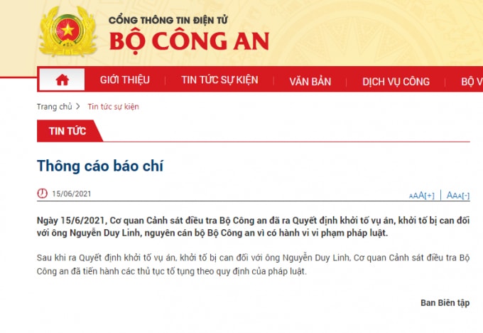 Cổng thông tin Bộ Công an thông tin