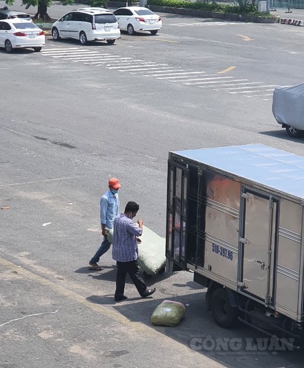 Ngoài sân, vài người bốc xếp hàng hoà đang làm việc.