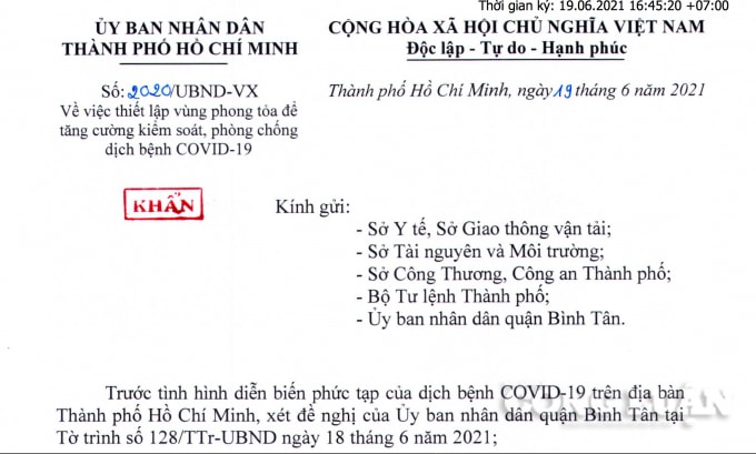 Văn bản phong toả khẩn số 2020/UBND-VX của UBND TP. HCM.