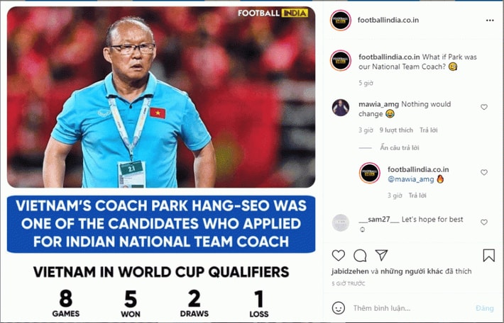 Một trang thông tin Ấn Độ đăng tải thông tin HLV Park Hang Seo lọt vào tấm ngắm của AIFF. Ảnh: internet