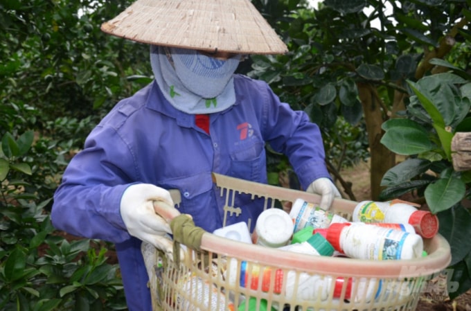 Một chủ vườn ở huyện Lục Ngạn, tỉnh Bắc Giang đang khệ nệ bê rổ vỏ thuốc BVTV dùng trong mấy tháng. Ảnh NNVN