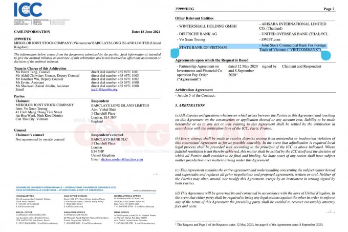 Toà án Trọng tài Quốc tế ICC đã bổ sung “Các thực thể có liên quan khác” vào vụ kiện, trong đó phía Việt Nam có 2 ngân hàng liên quan gồm: Ngân hàng Nhà nước và Ngân hàng TMCP Ngoại thương Việt Nam (Vietcombank) - (Ảnh: Chính Kỳ).