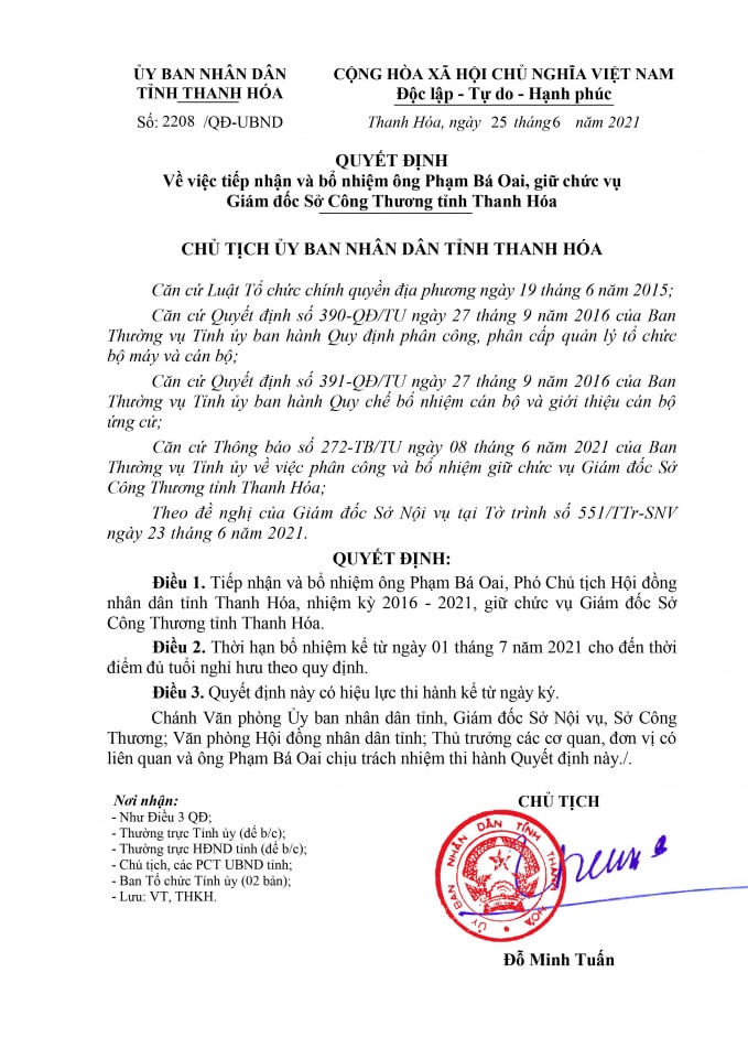 Quyết định tiếp nhận, bổ nhiệm ông Phạm Bá Oai làm Giám đốc Sở Công thương Thanh Hóa. Ảnh: QD