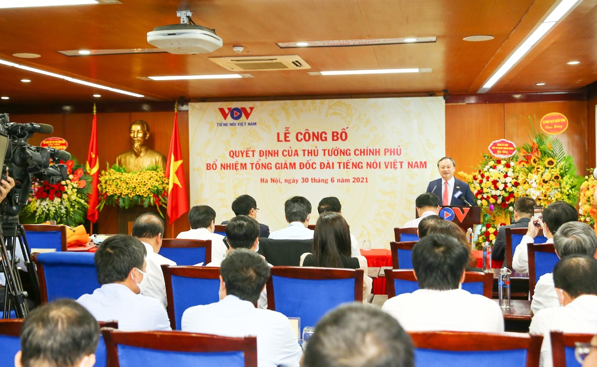 Tổng Giám đốc Đỗ Tiến Sỹ nhấn mạnh sẽ cùng tập thể Đài TNVN phát huy truyền thống gần 76 năm, không ngừng nỗ lực vươn lên, đổi mới, sáng tạo. Ảnh: Sơn Hải