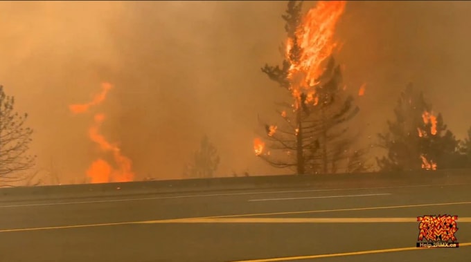 Cây cối cháy dọc một con phố trong trận cháy rừng ở Lytton, British Columbia, Canada ngày 30 tháng 6 năm 2021 @ REUTERS