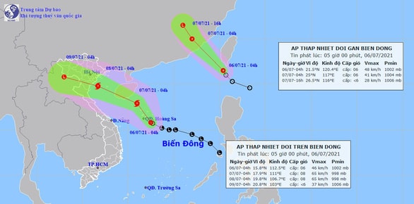 Trên biển Đông đang tồn tại một áp thấp nhiệt đới và một vùng áp thấp nhiệt đới. Dự báo, áp thấp nhiệt đới sẽ mạnh lên thành bão và đi vào đất liền Trung Quốc, còn vùng áp thấp nhiệt đới mới hình thành sẽ tiếp tục mạnh lên, di chuyển theo hướng Tây Bắc.