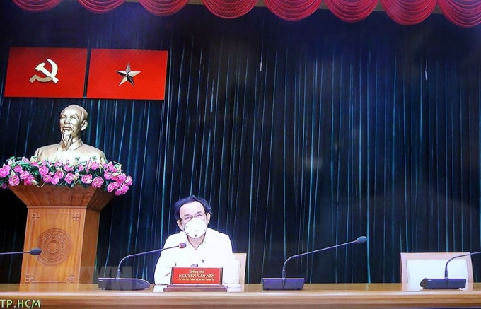 Bí thư Thành ủy TP.HCM Nguyễn Văn Nên tại điểm cầu TP.HCM. Ảnh: TTXVN