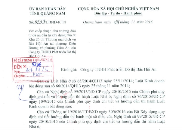 Công văn chấp thuận chủ trương đầu tư dự án Khu đô thị thương mại dịch vụ Bắc Hội An do Công ty TNHH Phát triển đô thị Bắc Hội An làm chủ đầu tư