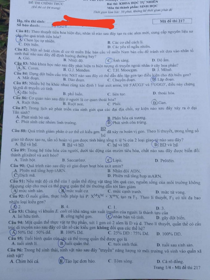 Đề thi môn Sinh học thi tốt nghiệp THPT 2021, mã đề 217.