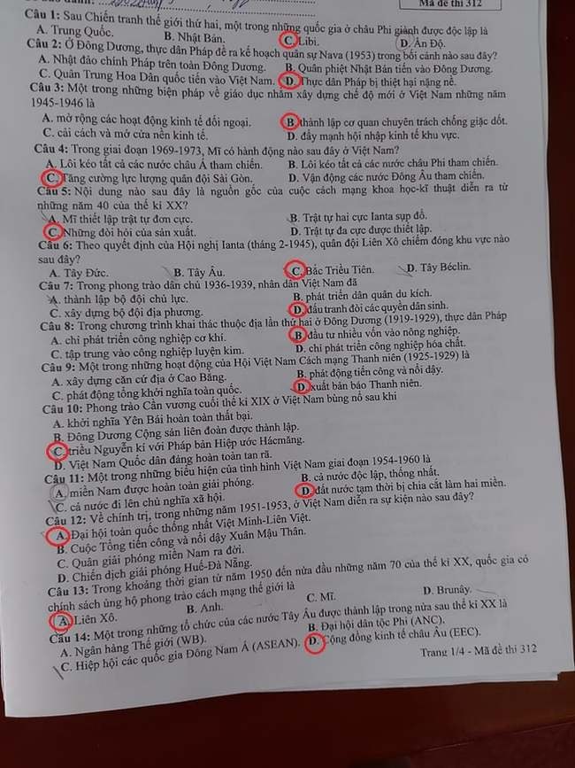Đề thi môn Lịch sử tốt nghiệp THPT 2021, mã đề 312.