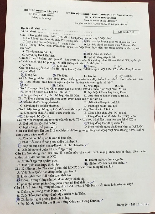Đề thi môn Lịch sử tốt nghiệp THPT 2021, mã đề 313.