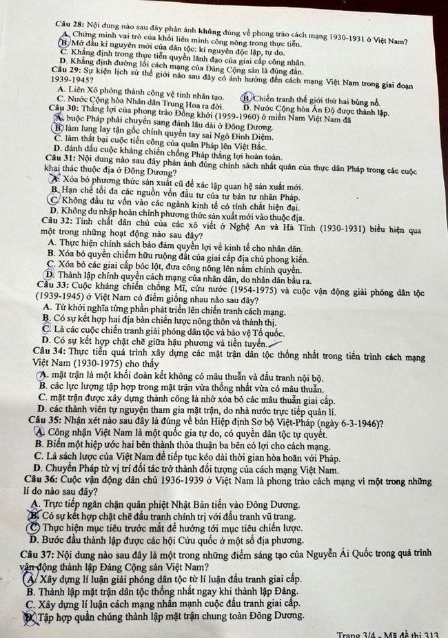Đề thi môn Lịch sử tốt nghiệp THPT 2021, mã đề 313.