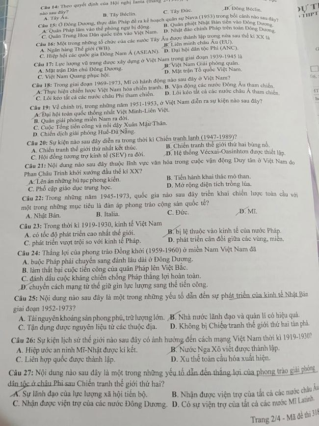Đề thi môn Lịch sử tốt nghiệp THPT 2021, mã đề 318.