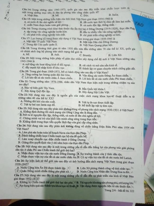 Đề thi môn Lịch sử tốt nghiệp THPT 2021, mã đề 322.