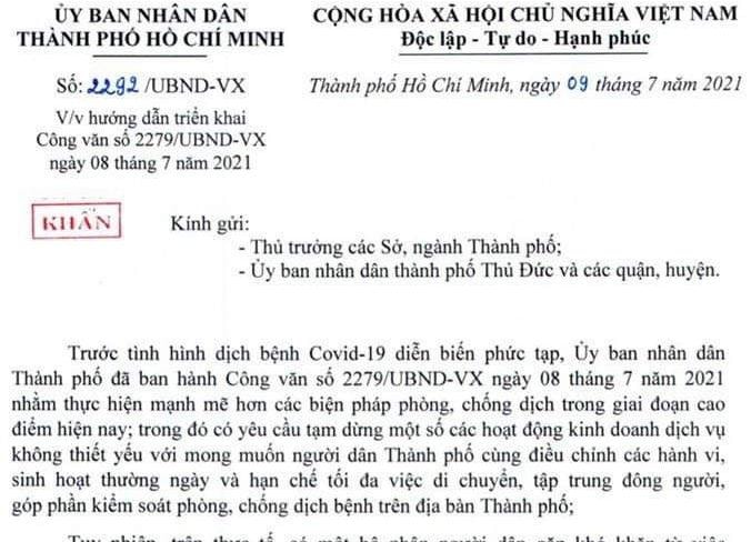 UBND TP. HCM ban hành công văn 2292 hướng dẫn triển khai công văn 2279 trước đó.