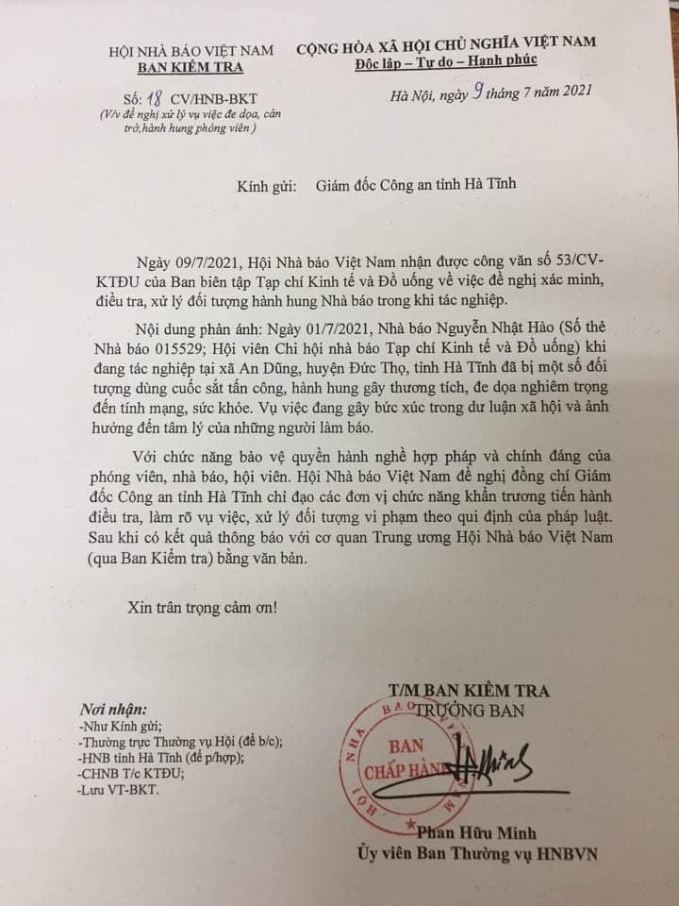 Văn bản của Hội Nhà báo Việt Nam đề nghị xử lý vụ việc đe dọa, cản trở, hành hung phóng viên