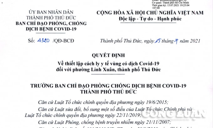 Quyết định thiết lập cách ly phường Linh Xuân.