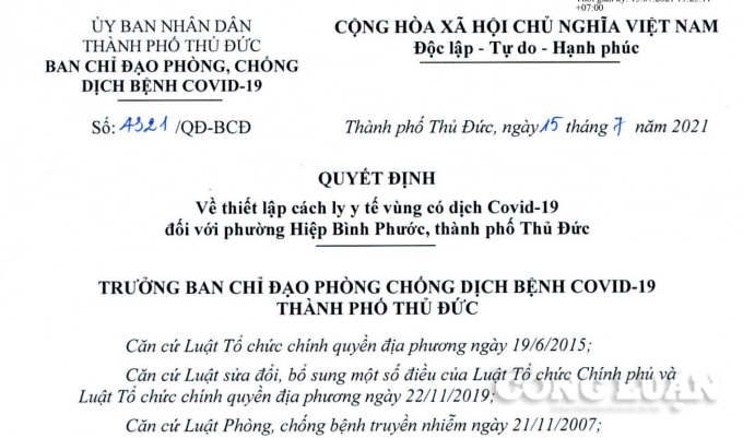 QĐ phong toả phường Hiệp Bình Phước.