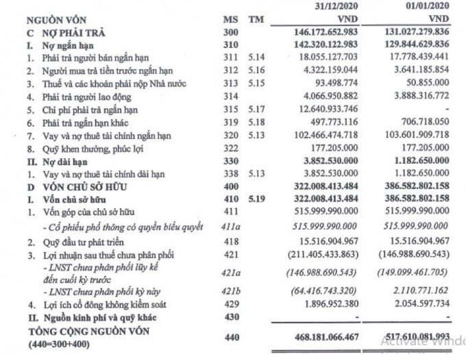 Nguồn: BCTC hợp nhất năm 2020 đã kiểm toán.