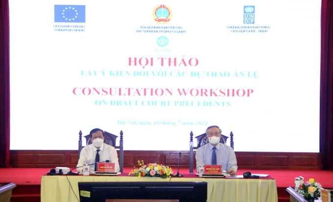Ủy viên Bộ Chính trị, Bí thư Ban cán sự Đảng, Chánh án TANDTC Nguyễn Hòa Bình và Phó Chánh án TANDTC Nguyễn Trí Tuệ chủ trì hội thảo.