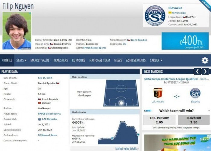 Trên trang Transfermarkt xác nhận quốc tịch Việt Nam của Filip Nguyễn. Ảnh: internet