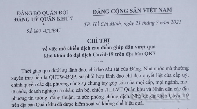 Chỉ thị 660-CT/ĐU của Đảng uỷ Quân khu 7.