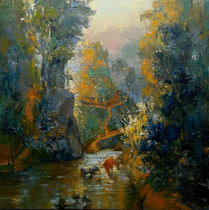 Khe thác Hin Lạp. Khổ 80x80cm. Chất liệu sơn dầu. Họa sĩ Phạm Khải. 2018.