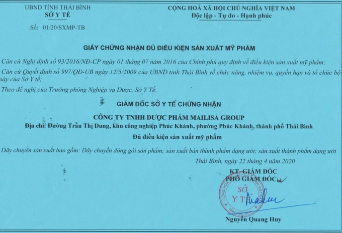 Sở Y tế Thái Bình cấp Giấy chứng nhận đủ điều kiện sản xuất mỹ phẩm cho công ty TNHH Dược phẩm Mailisa Group.