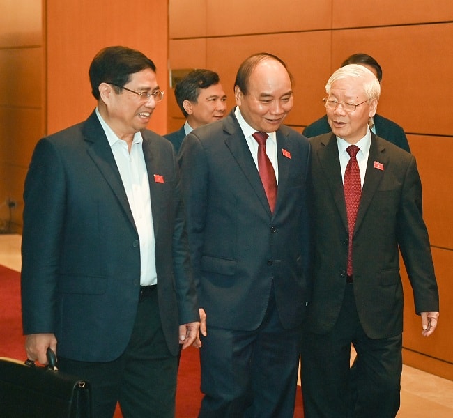 Tổng Bí thư Nguyễn Phú Trọng, Chủ tịch nước Nguyễn Xuân Phúc, Thủ tướng Phạm Minh Chính tại kỳ họp thứ 11 Quốc hội khóa XIV.