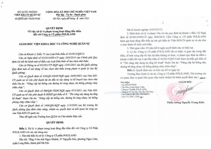 Công ty Cổ phần POLILAND bị cấm thầu 3 năm tại Viện Khoa học và Công nghệ quân sự (Bộ Quốc phòng)