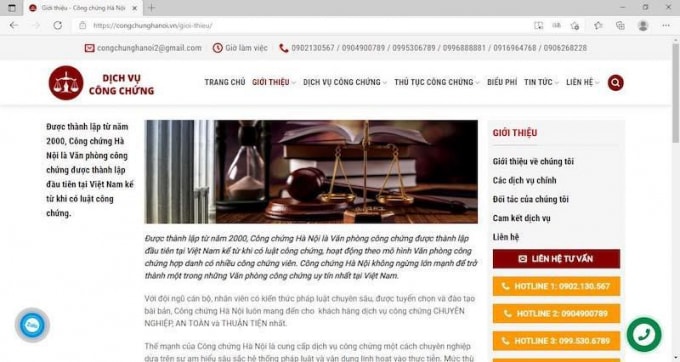 Trang web giới thiệu nghi vấn giả mạoVăn phòng công chứng Hà Nội.