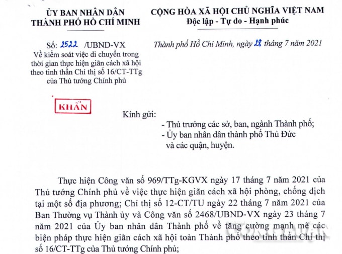 Văn bản khẩn số 2522 của UBND TP. HCM gửi đến Thủ trưởng các sở, ban, ngành Thành phố; UBND TP Thủ Đức và các quận, huyện.