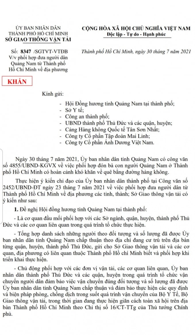 Sở Giao thông vận tải TP. HCM giao Hội Đồng hương Quảng Nam tại TP. HCM là cơ quan đầu mối trong việc phối hợp đưa người dân Quảng Nam từ TP. HCM về quê