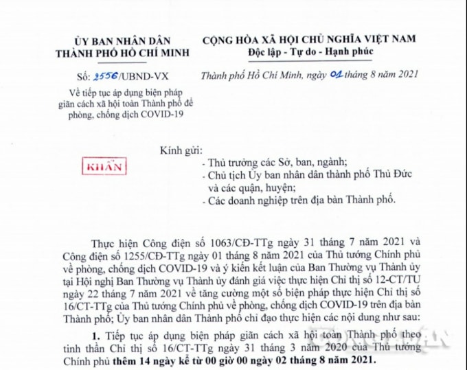 Văn bản khẩn của UBND TP. HCM về việc tiếp tục giãn cách xã hội theo Chỉ thị 16 thêm 14 ngày.