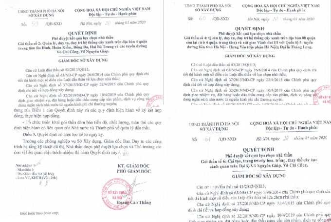 Ông Hoàng Cao Thắng, Phó Giám đốc Sở Xây dựng Hà Nội cùng một ngày ký 3 quyết định lựa chọn nhà thầu đối với Công ty TNHH MTV Công viên cây xanh Hà Nội