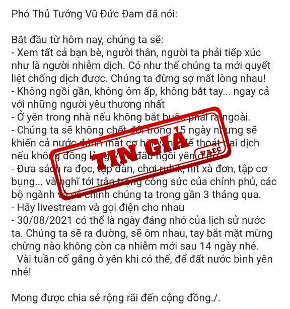 Giả mạo phát ngôn chỉ đạo chống dịch của Phó thủ tướng Vũ Đức Đam. Ảnh: VAFC