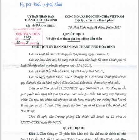 Quyết định số 3347/QĐ-UBND, về việc cấm tham gia hoạt động đấu thầu đối với Công ty Cổ phần Đức Linh