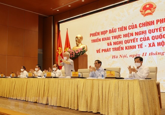 Tổng Bí thư Nguyễn Phú trọng tham dự và chỉ đạo phiên họp đầu tiên của Chính phủ nhiệm kỳ Quốc hội khóa XV. Ảnh: TTXVN