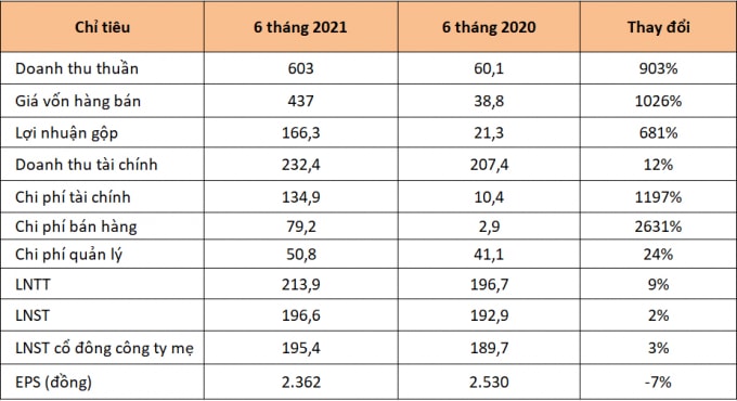 Kết quả kinh doanh 6 tháng đầu năm 2021 của An Gia (Đơn vị: tỷ đồng)