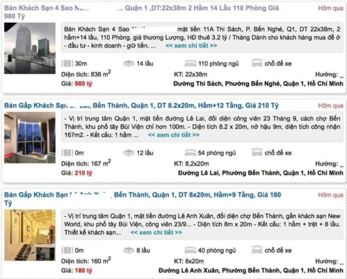 Một số khách sạn tại quận 1, TP. HCM được rao bán - Nguồn: Alonhadat