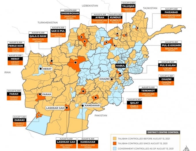 Taliban đã chiếm 18/34 thành phố của Afghanistan. Hiện chính phủ chỉ còn kiểm soát khu vực màu trắng trên bản đồ - Ảnh: Al Jazeeza