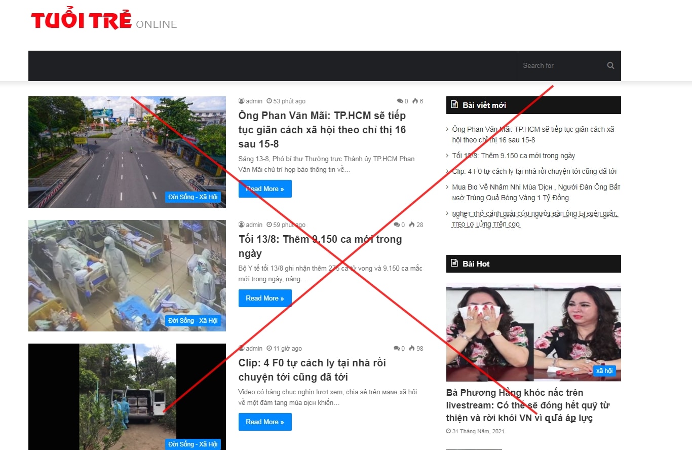 Website giả mạo báo Tuổi Trẻ Online. Ảnh: chụp màn hình