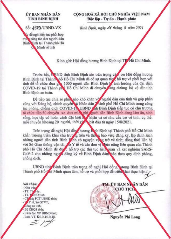 Hình ảnh văn bản giả mạo chữ ký của Chủ tịch UBND tỉnh Bình Định xuất hiện trên mạng xã hội. Ảnh: nld.vn