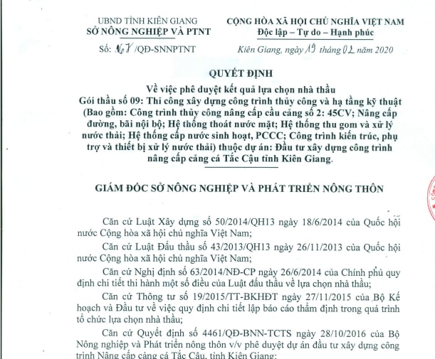 Gói thầu số 9, thi công xây dựng công trình thủy công và hạ tầng kỹ thuật, dự án nâng cấp cảng cá Tắc Cậu, tỉnh Kiên Giang do Sở Nông nghiệp và PTNT Kiên Giang làm chủ đầu tư
