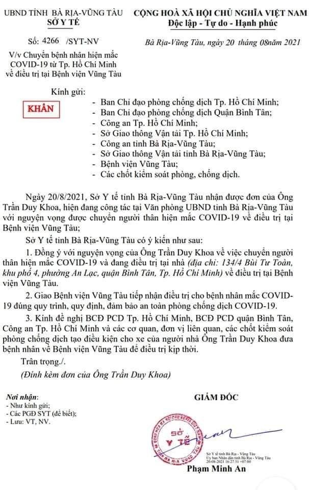 Văn bản khẩn của Sở Y tế tỉnh BR-VT đồng ý chuyển bệnh nhân Covid-19 từ TP. HCM về địa phương điều trị.