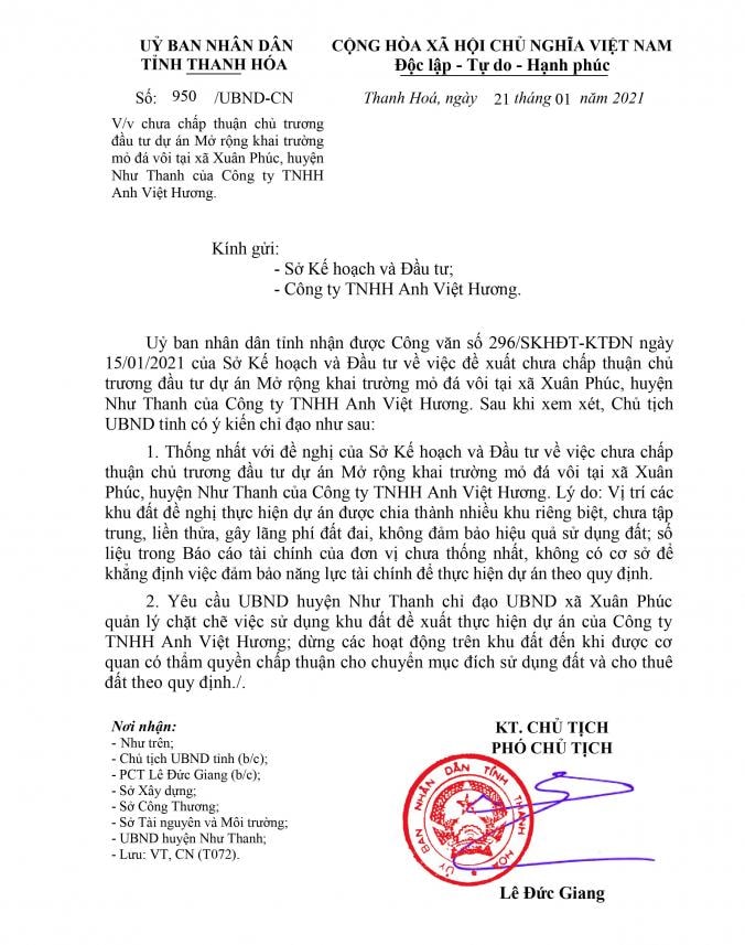 Đến thời điểm này (8/2021), UBND tỉnh Thanh Hóa vẫn chưa chấp thuận chủ trương đầu tư và cho phép Công ty Anh Việt Hương được chuyển đổi mục đích sử dụng đất đối với dự án mở rộng khai trường. Ảnh: QD