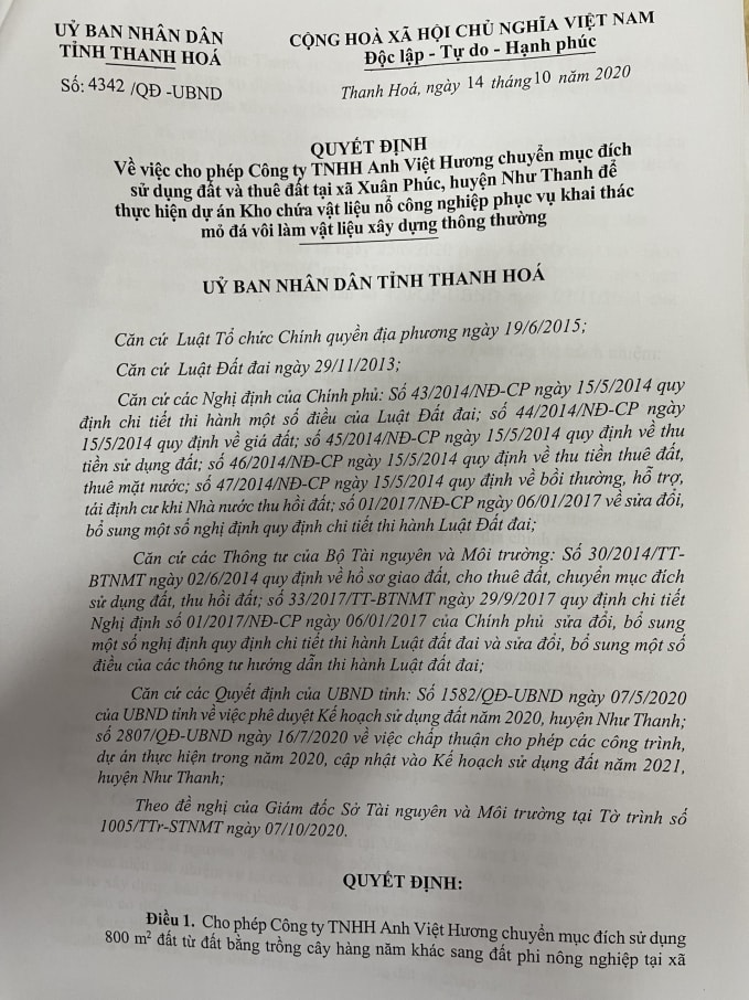 Vi phạm kéo dài nhưng xử phạt xong Công ty Anh Việt Hương đã được UBND tỉnh Thanh Hóa cho phép chuyển đổi mục đích sử dụng đất làm kho chứa vật liệu nổ công nghiệp. Ảnh: QD