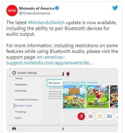 nha san xuat nintendo tung ban cap nhat ket noi am thanh qua bluetooth cho switch hinh 1