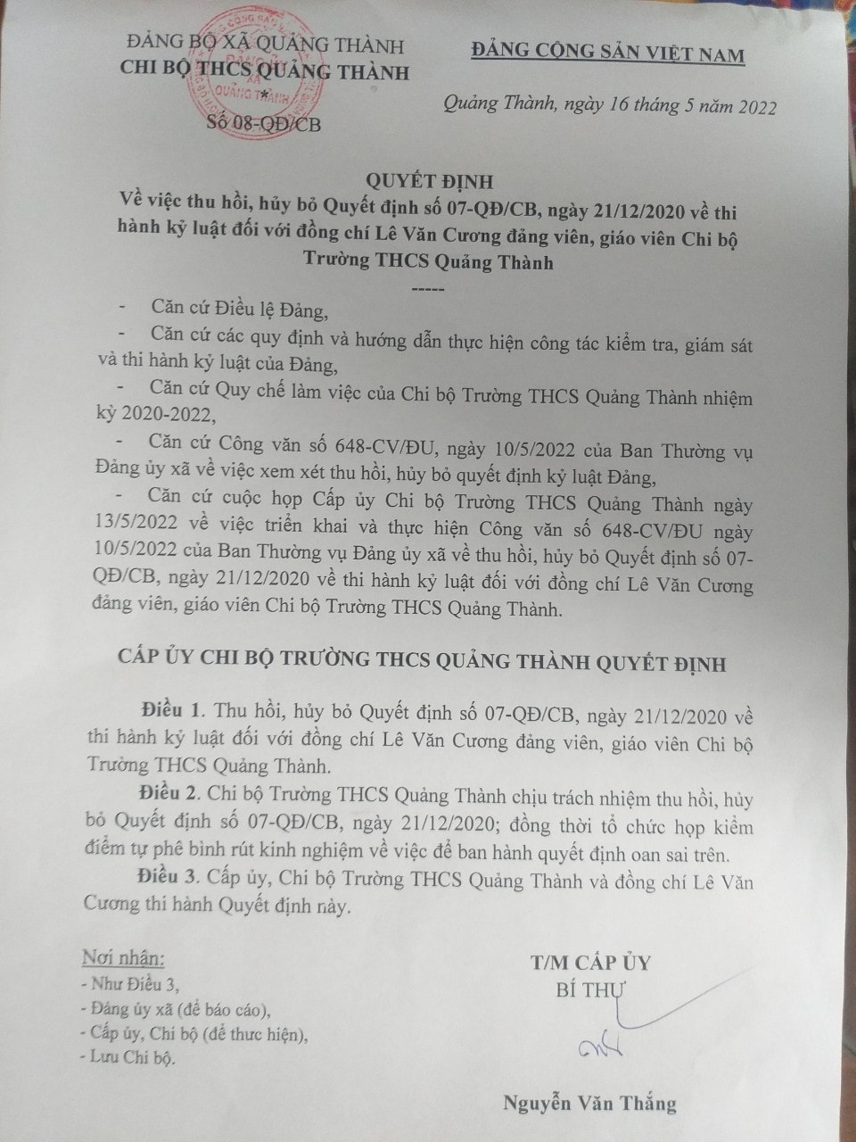 chinh thuc thu hoi huy bo quyet dinh ky luat dang voi thay giao le van cuong hinh 1