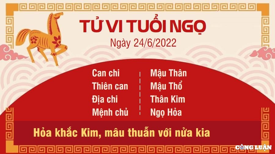 Tử vi tuổi Ngọ 24/6/2022: Hỏa khắc Kim, người tuổi Ngọ dễ nảy sinh bất đồng, mâu thuẫn với người mình yêu. Hai bạn chẳng có nhiều thời gian dành cho nhau, mà ai cũng đã quá mệt mỏi vì công việc nên chẳng còn muốn xuống nước dỗ dành. Khoảng thời gian này, người độc thân còn nhiều mối quan tâm khác nên không mấy để ý đến chuyện yêu đương nam nữ. Chính vì thế mà dù có người giới thiệu đối tượng cho con giáp này thì bạn cũng vẫn dửng dưng.